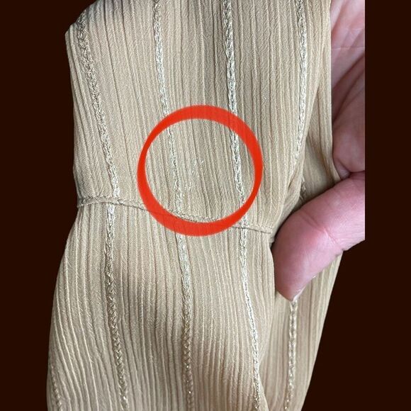 DKNY Women’s Tie Neck Long Sleeve Blouse in Taupe with Gold Contrast Stitching | - Picture 4 of 7